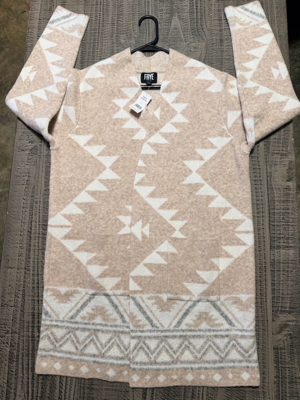 Frye Beige and White Geometric Open Cardigan